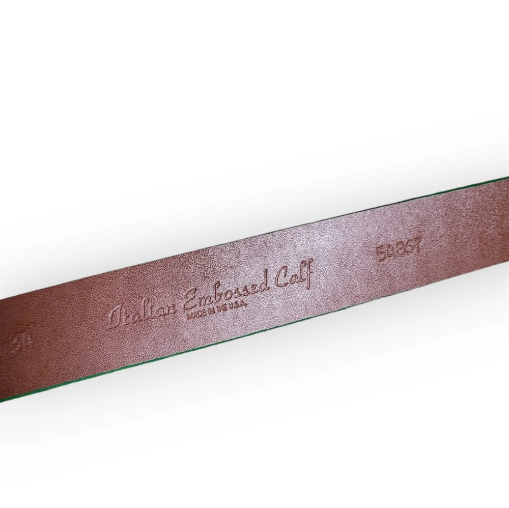 TORINO Italian Embossed Calf Leather Belt in Tan with Green Trim Size 34